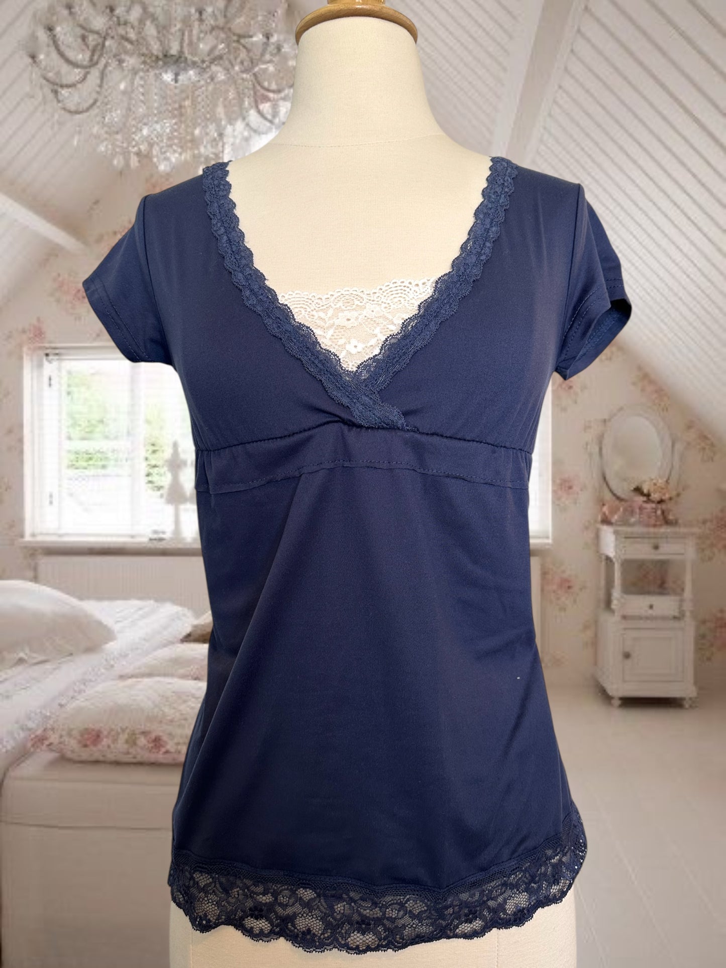 Navy Top with White Lace