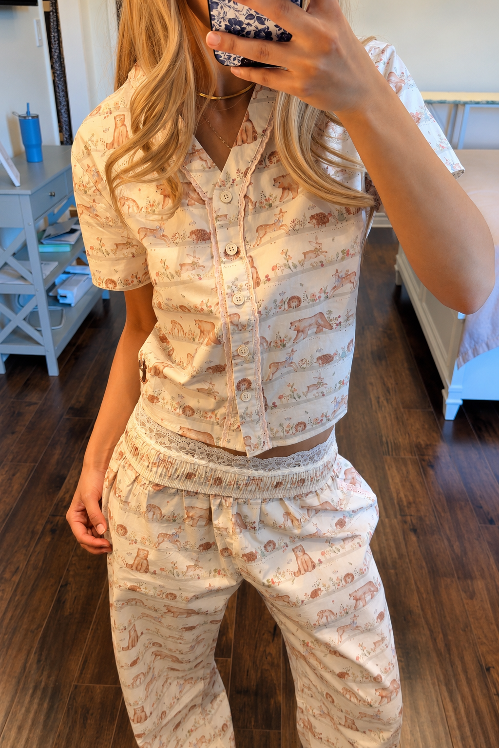 Whimsical Cotton PJs with Waistband Turnover Exposing Lace