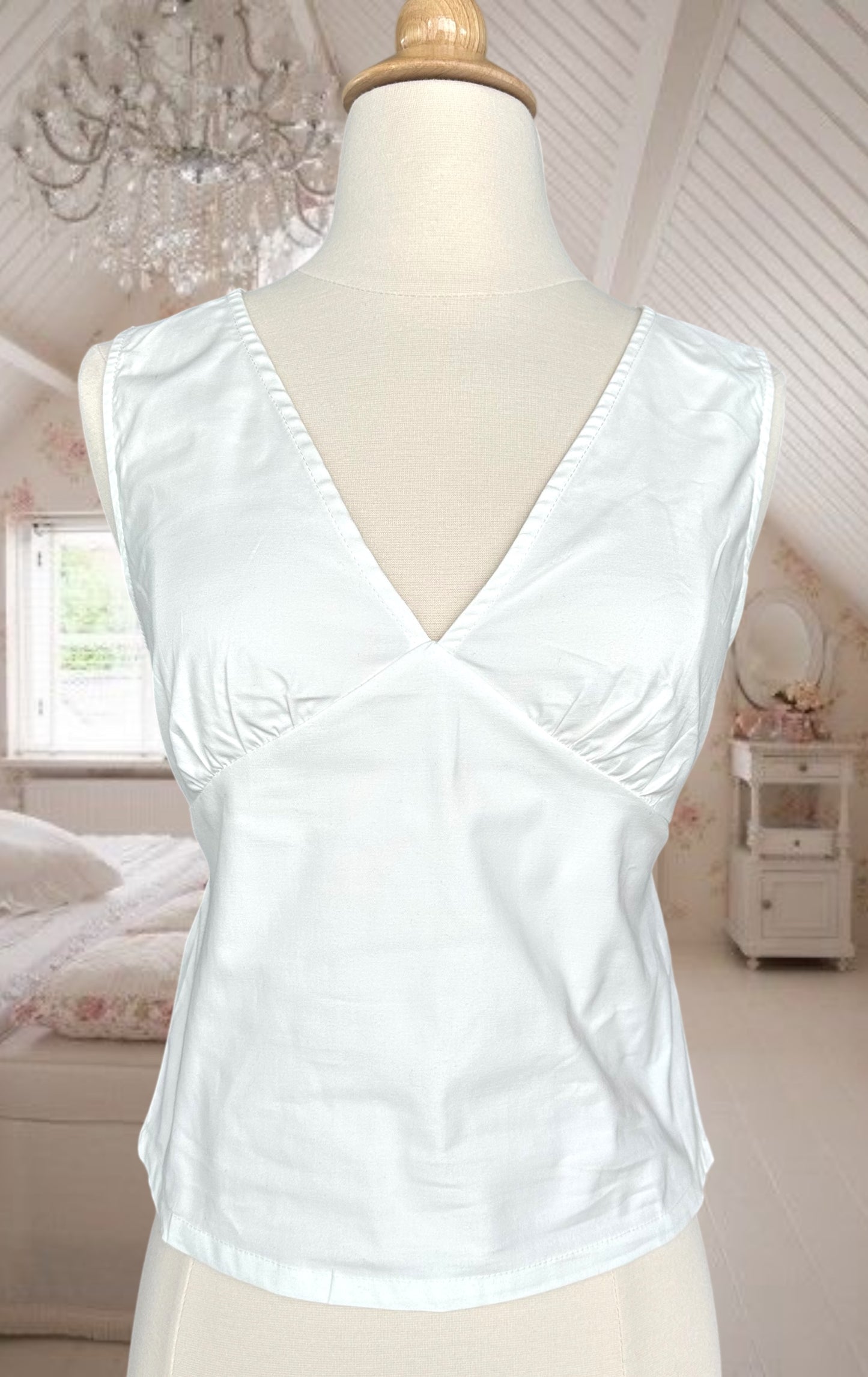 White Deep Neck Thick Tie Back Top