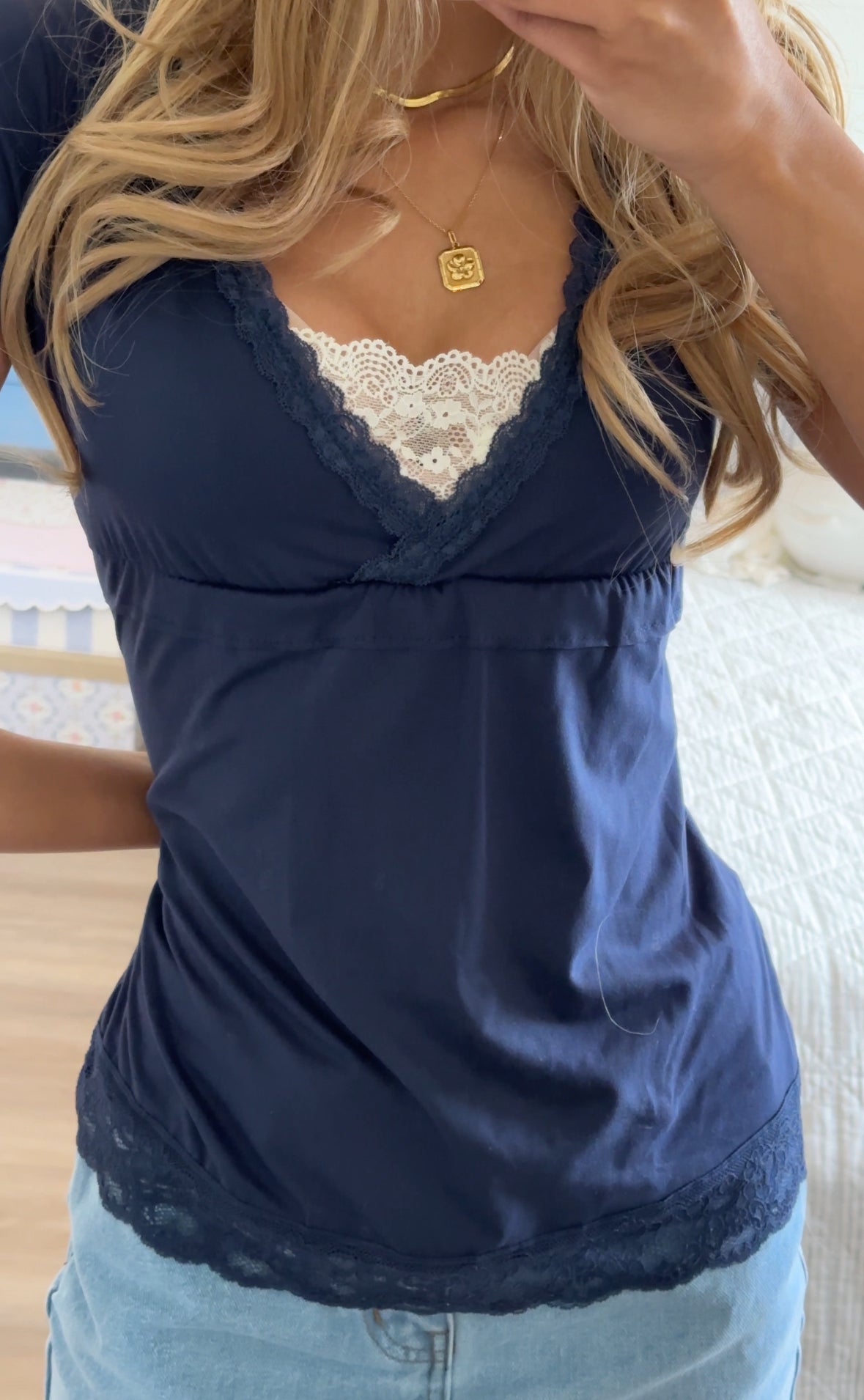 Navy Top with White Lace