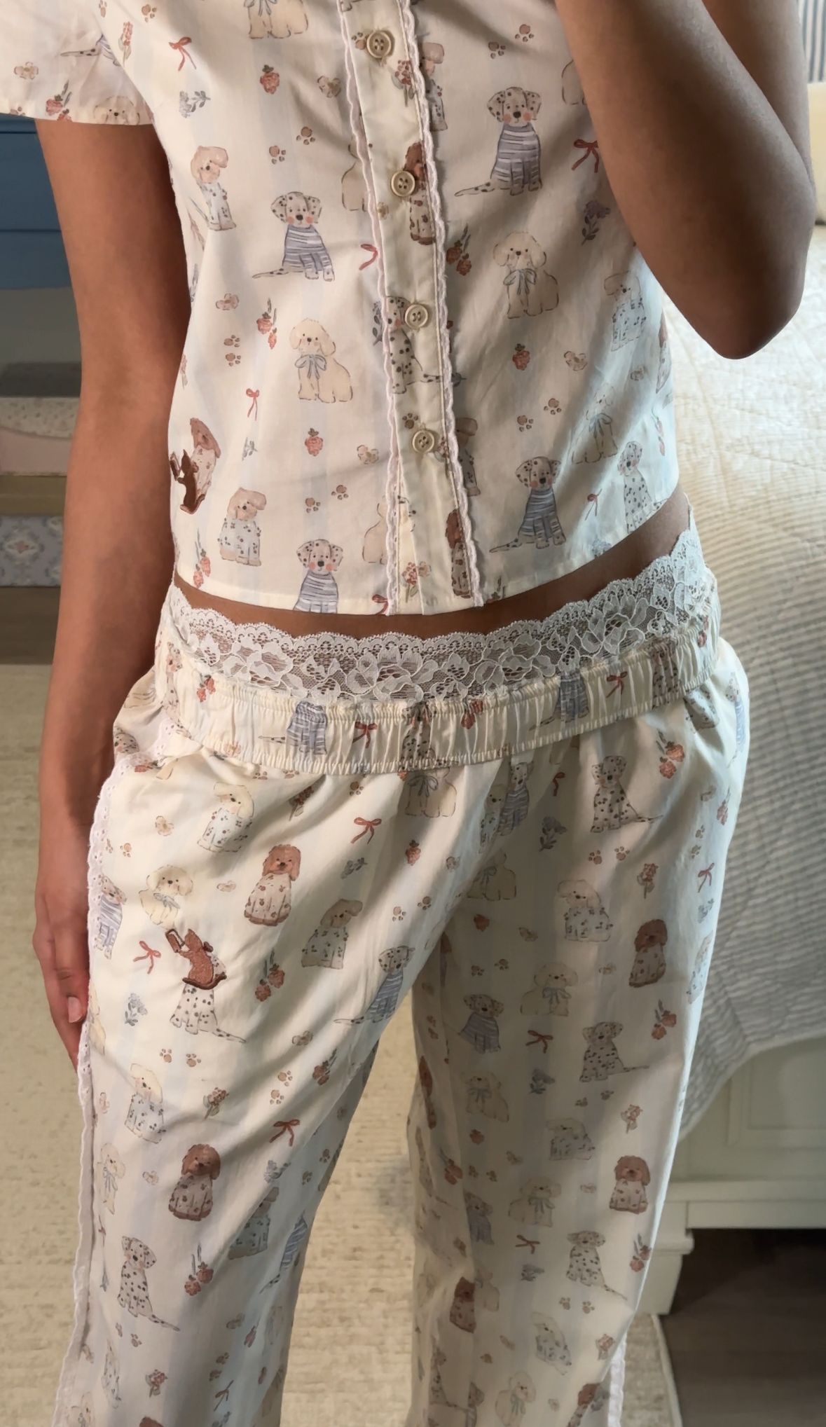 Super Soft Pajamas with Waistband Turnover Exposing Lace