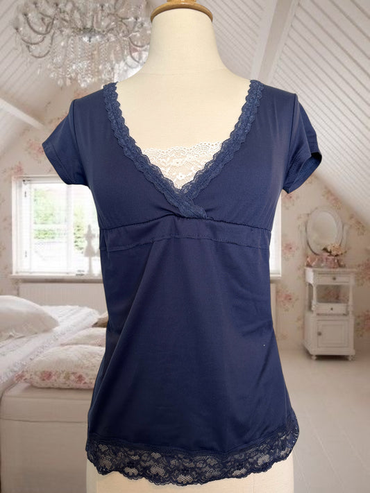 Navy Top with White Lace