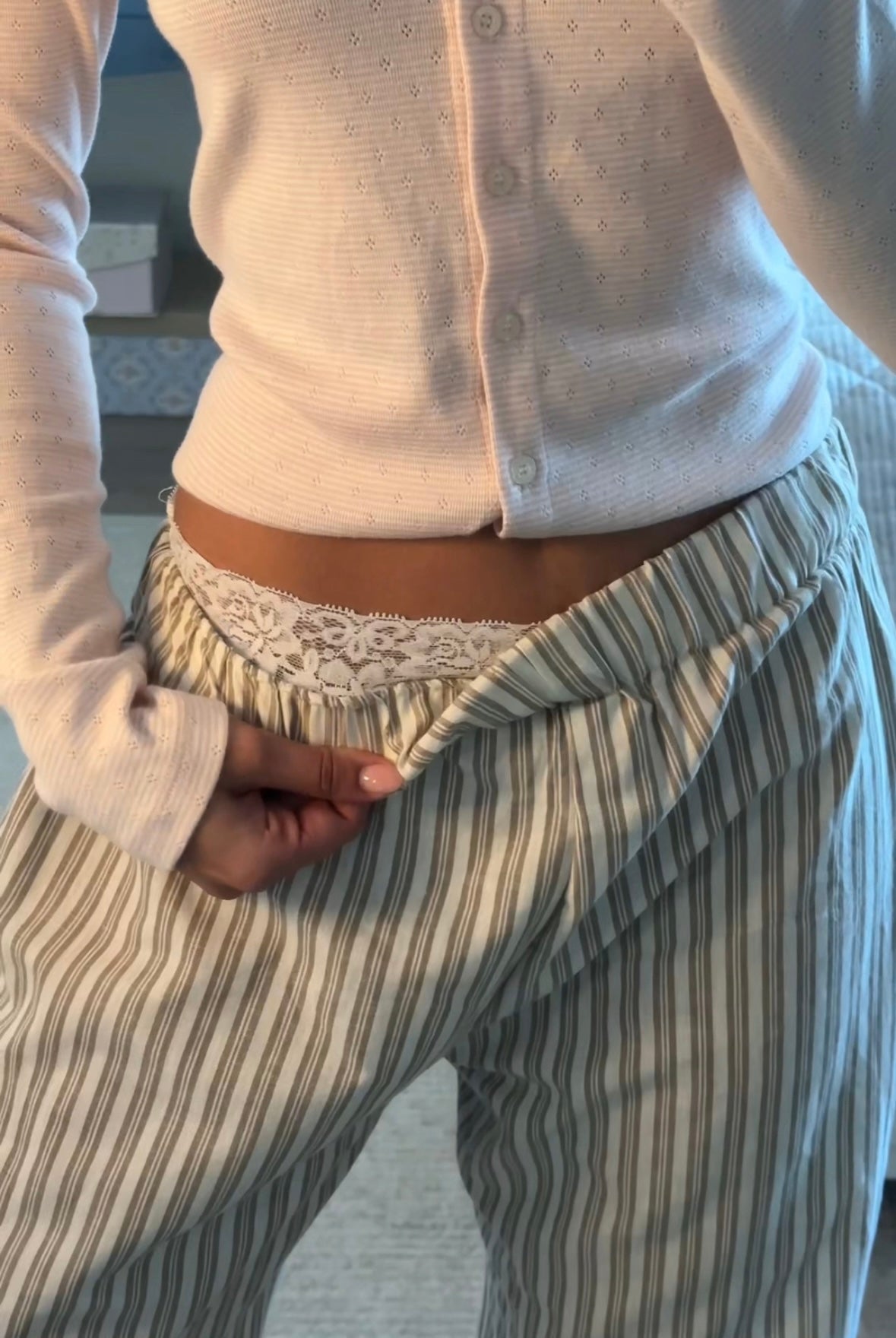 Super Soft Pajamas with Waistband Turnover Exposing Lace