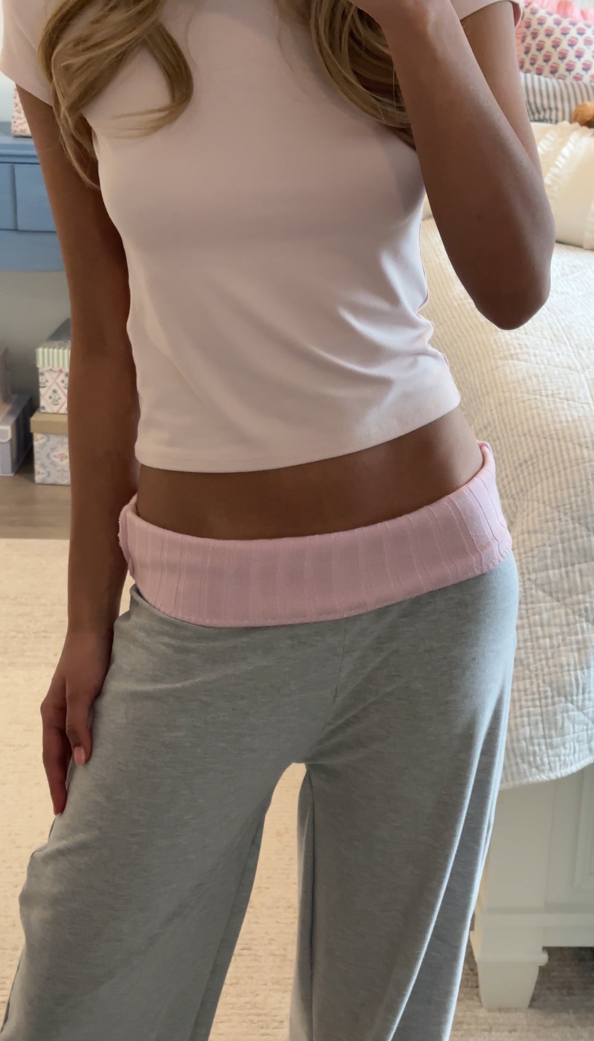 Pink Knit Foldover Waistband Grey Pants