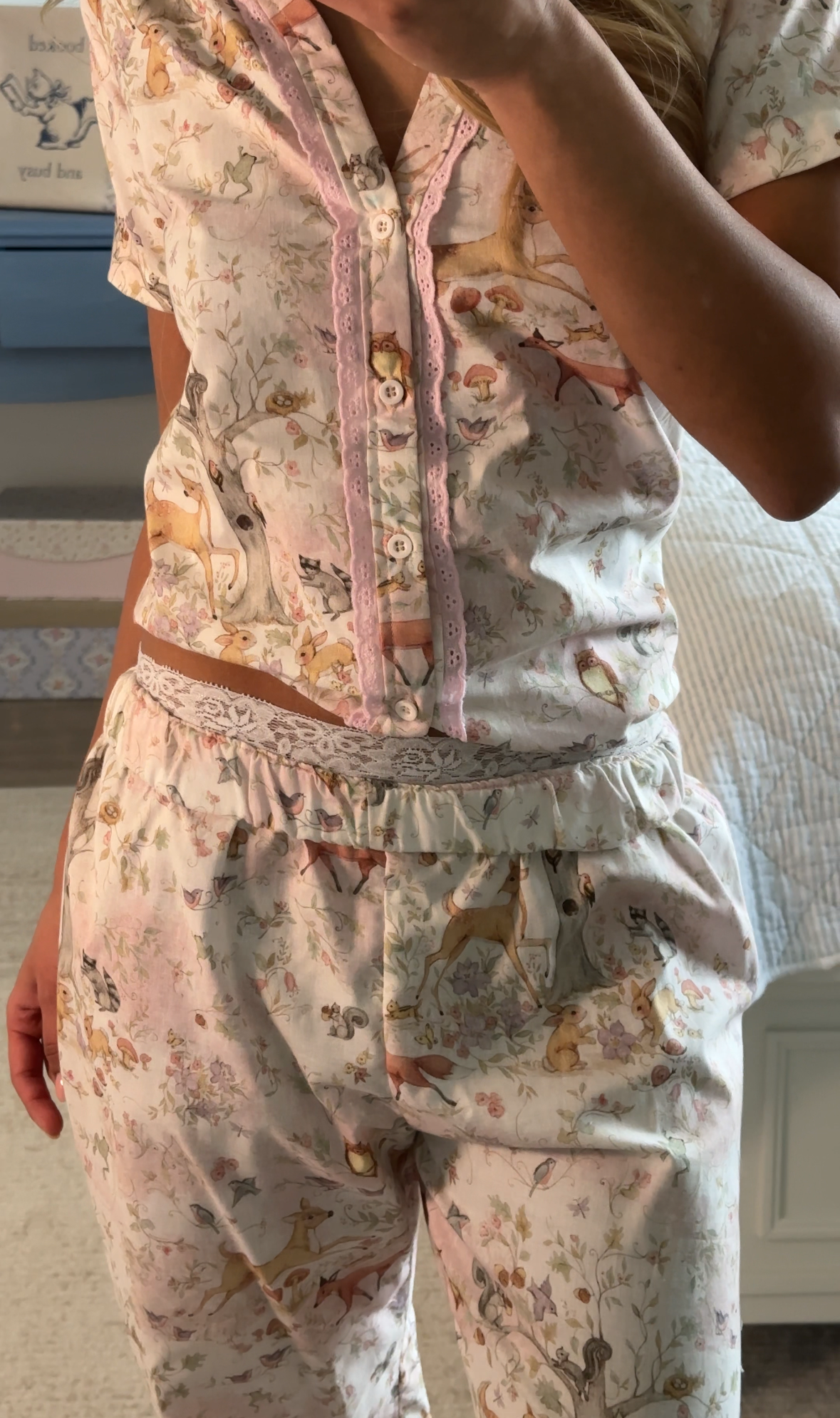 Super Soft Pajamas with Waistband Turnover Exposing Lace