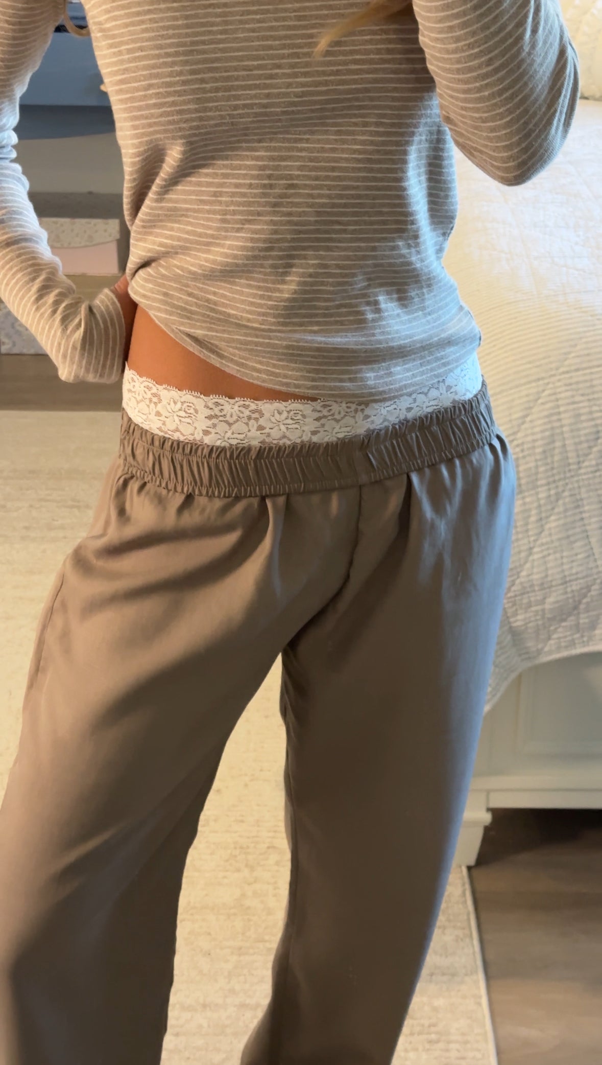 Lounge Pants with Waistband Turnover Exposing Lace
