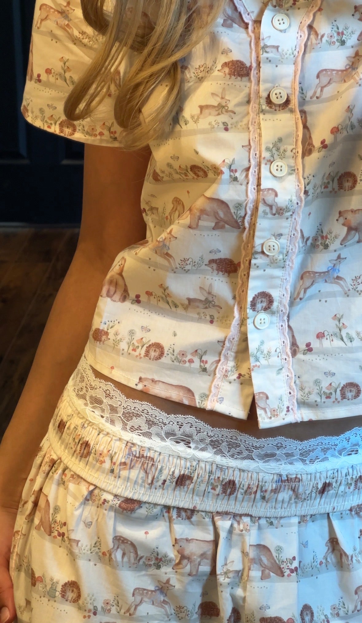 Whimsical Cotton PJs with Waistband Turnover Exposing Lace