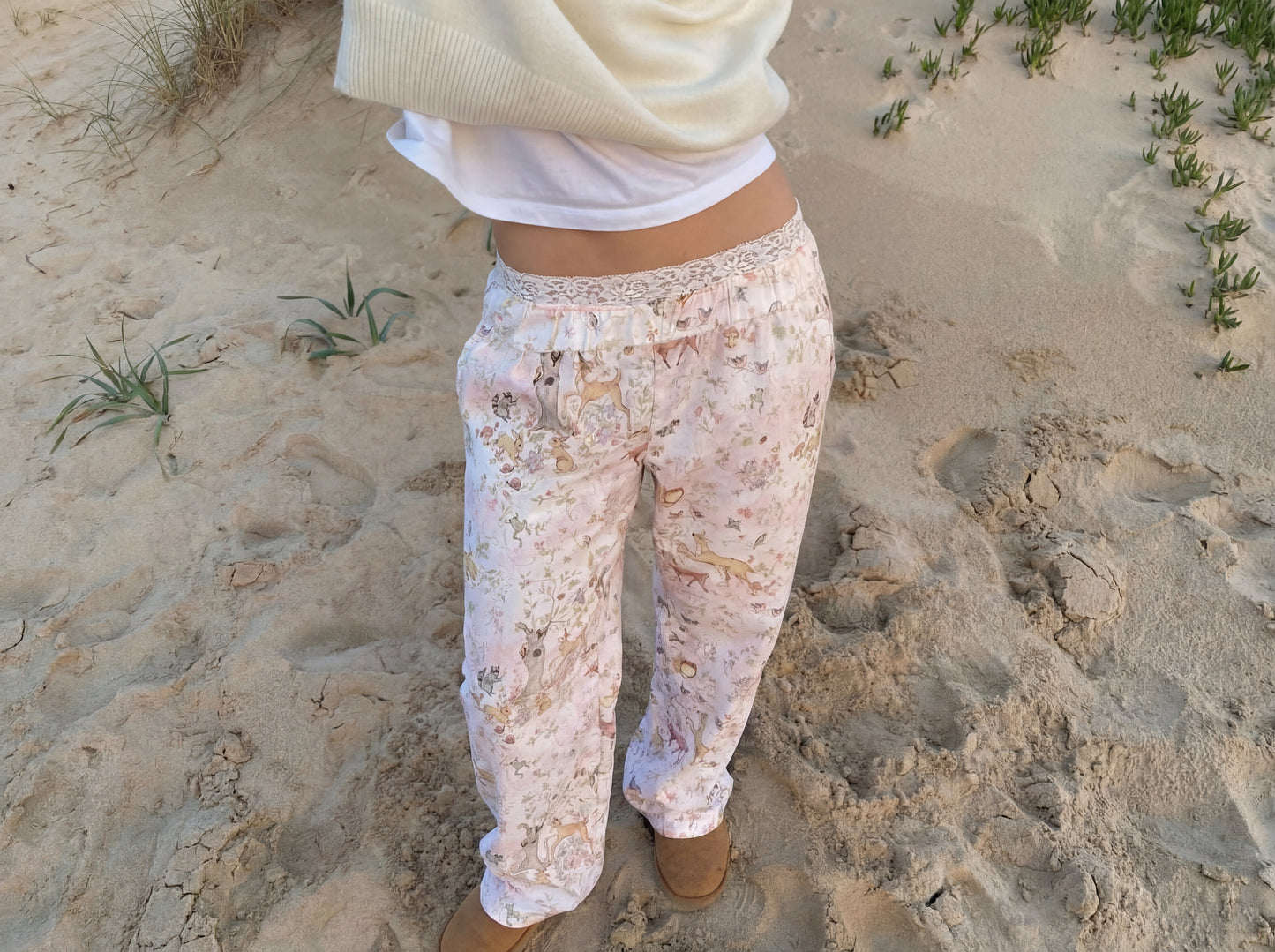 Super Soft Pajamas with Waistband Turnover Exposing Lace